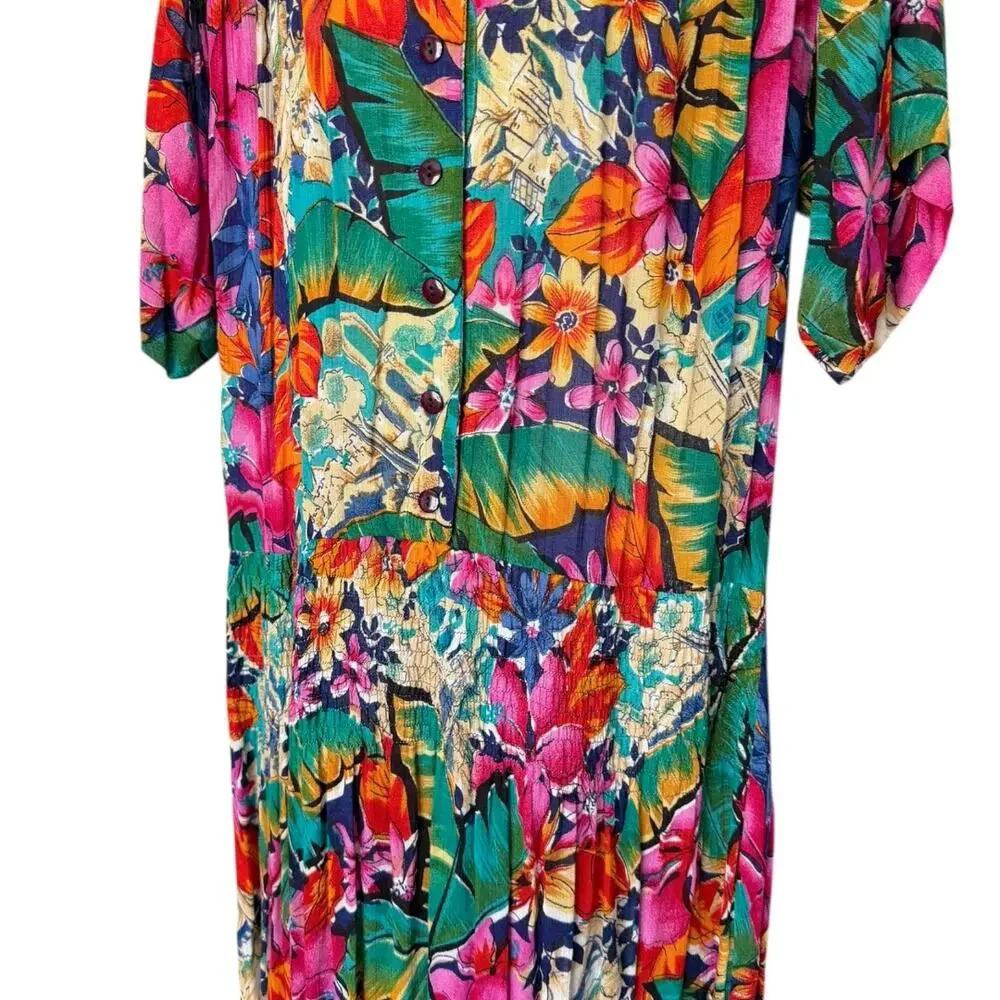 Vintage 80s Bandini Tropical Floral Maxi Dress Women’s XL Rayon Resort Botanical - Picture 3 of 6